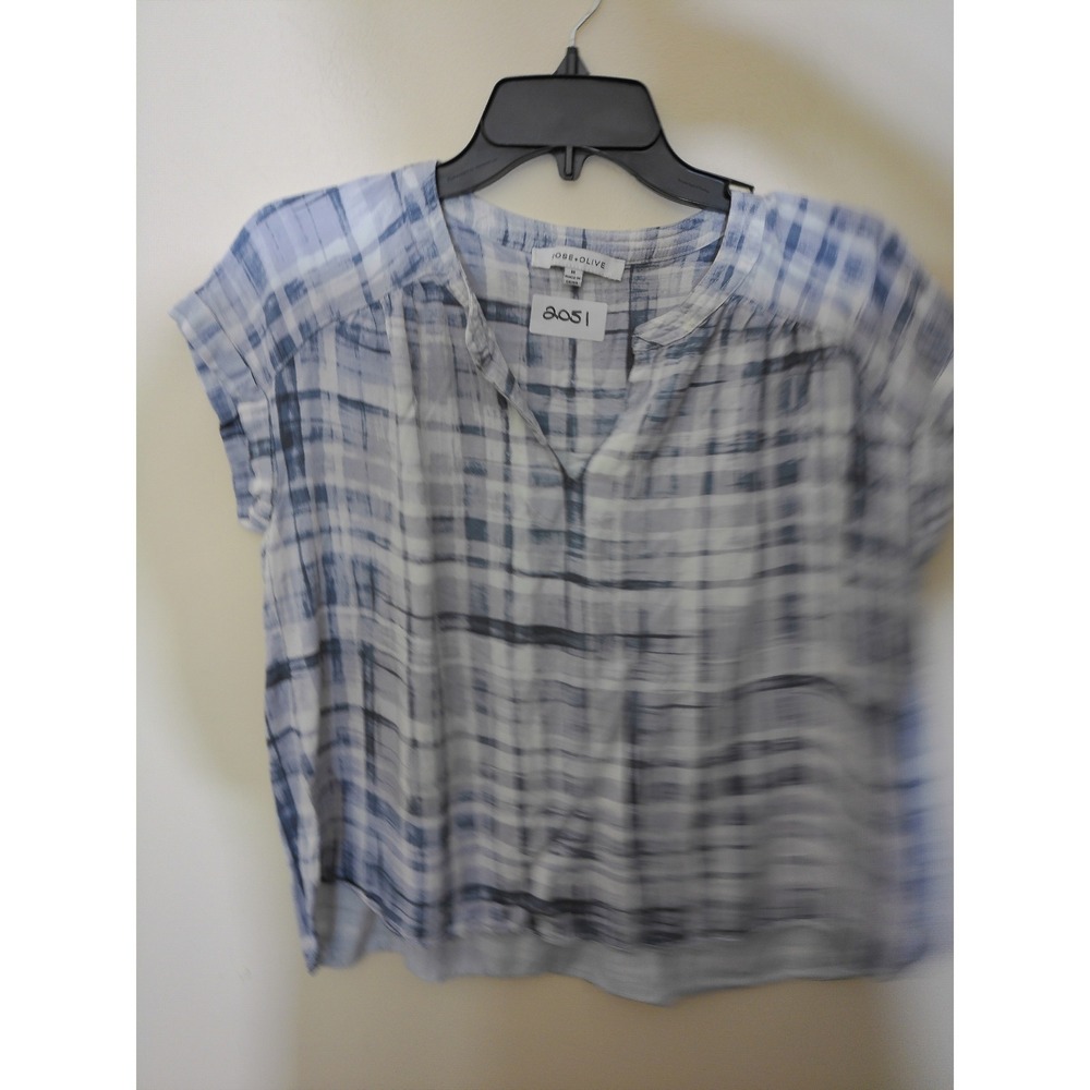 Rose + Olive Blouse Women Medium Blue Plaid Short Sleeve V-Neck Coastal Casual